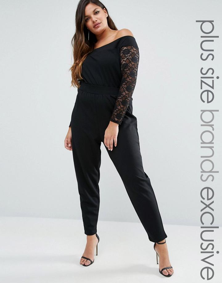 Pink Clove Lace Sleeve Bardot Jumpsuit - Black