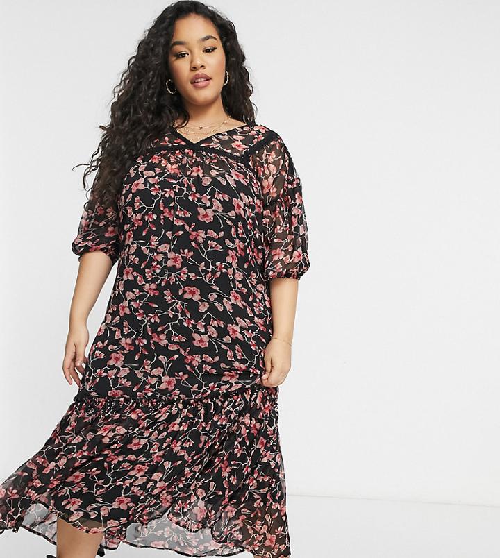 Yours Midi Dress With Lace Detail In Pink Floral-multi