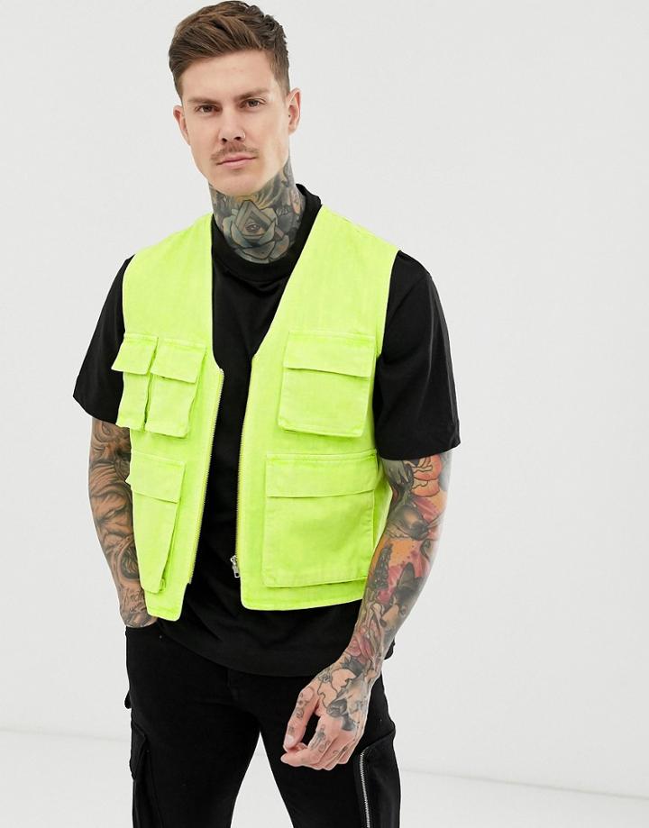 Asos Design Utility Vest In Fluro Green - Green