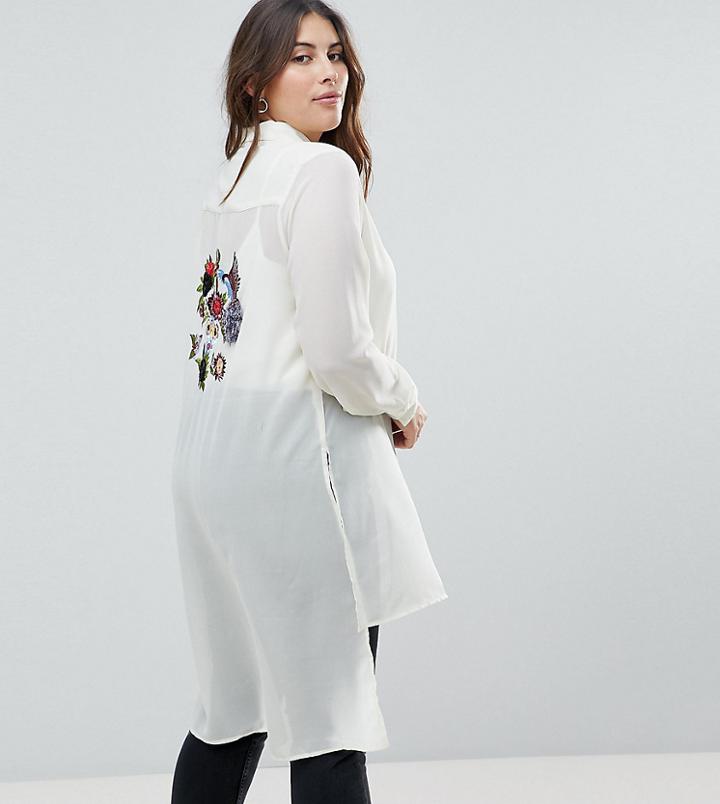 Koko Bird Embellished Longline Shirt - Cream