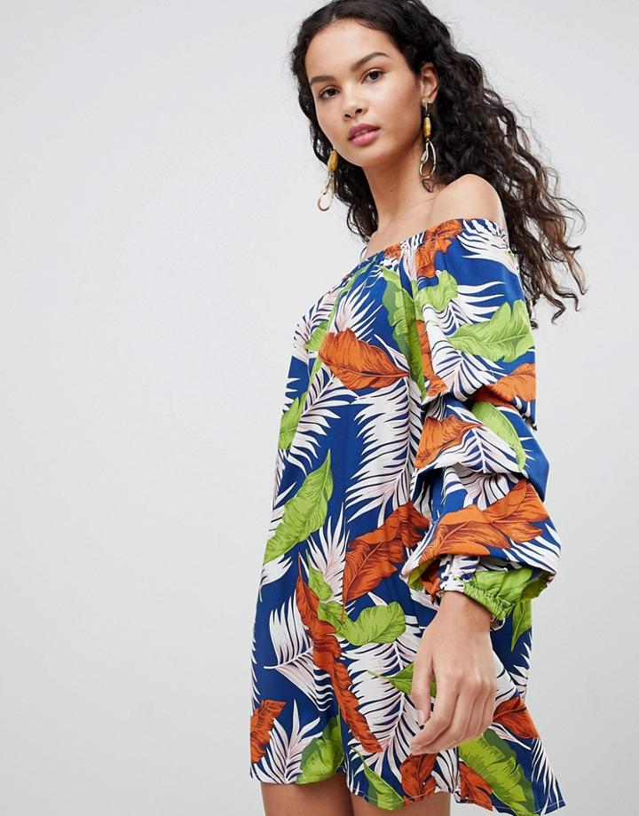 Qed London Leaf Print Off Shoulder Shift Dress - Navy