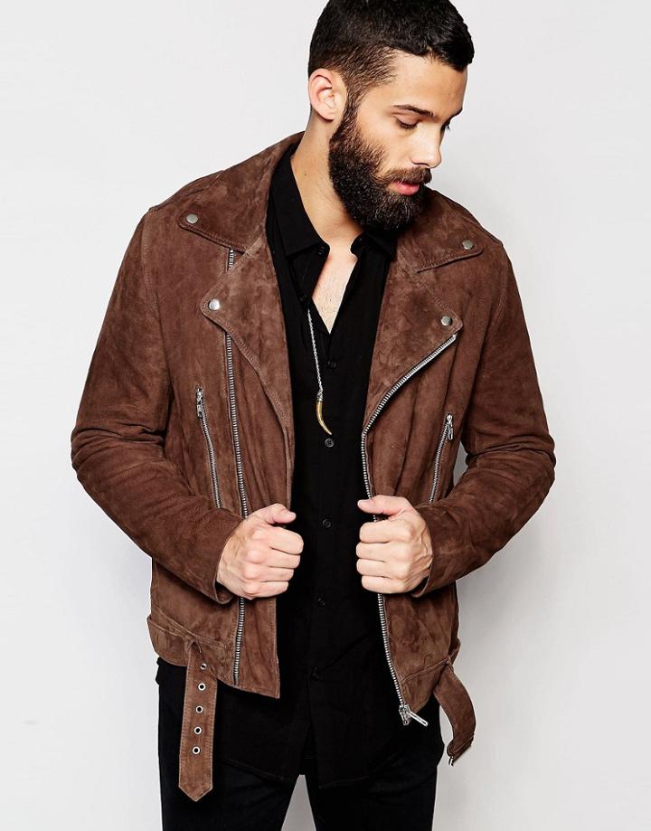 Asos Belted Suede Biker Jacket In Brown - Brown