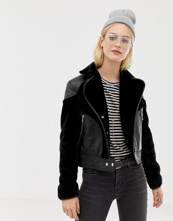 Allsaints Zola Leather Jacket With Faux Fur Panels - Black