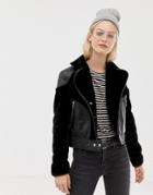 Allsaints Zola Leather Jacket With Faux Fur Panels - Black