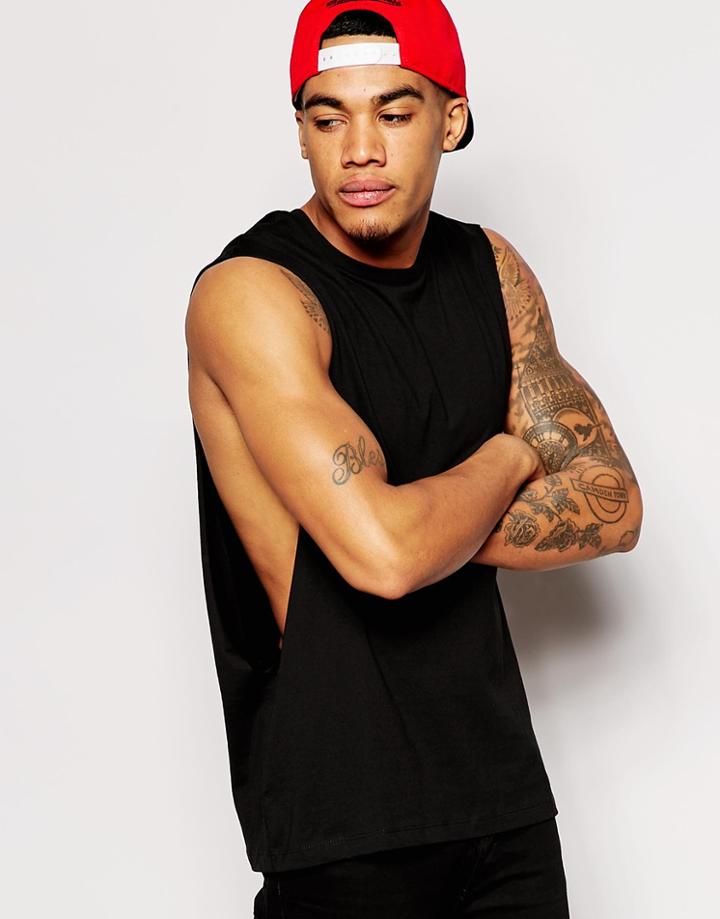 Asos Sleeveless T-shirt With Extreme Dropped Armhole - Black