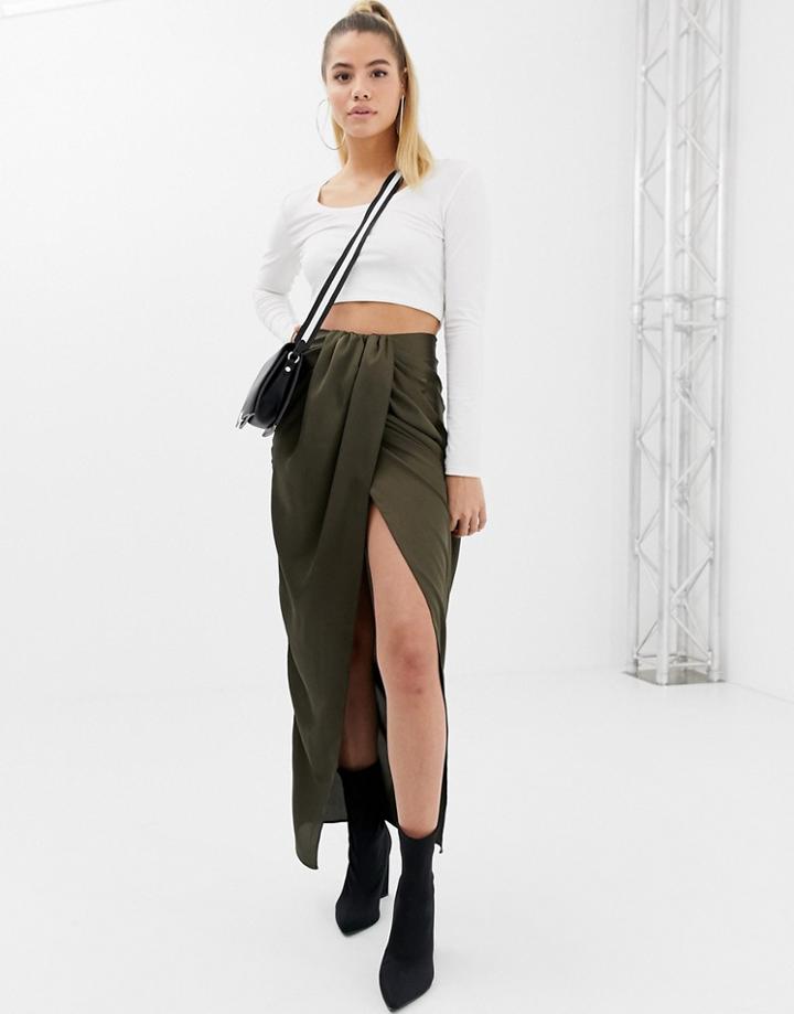 Asos Design Twist Front Maxi Skirt In Satin-green