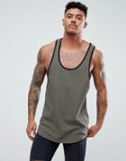 Asos Design Longline Tank With Contrast Binding And Extreme Racer Back In Waffle - Green
