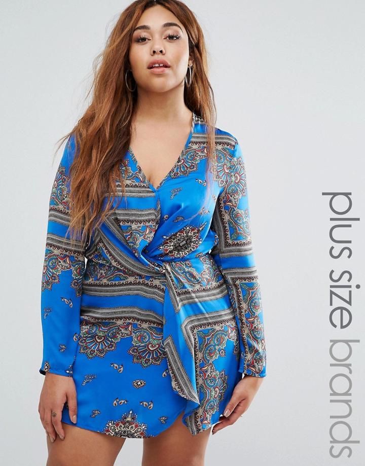 Missguided Plus Silky Scarf Print Wrap Dress - Blue