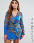 Missguided Plus Silky Scarf Print Wrap Dress - Blue