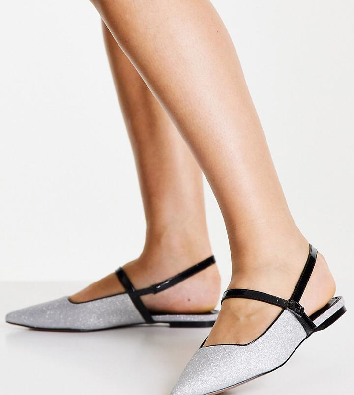Asos Design Wide Fit Lewin Pointed Mary Jane Flats In Silver Glitter