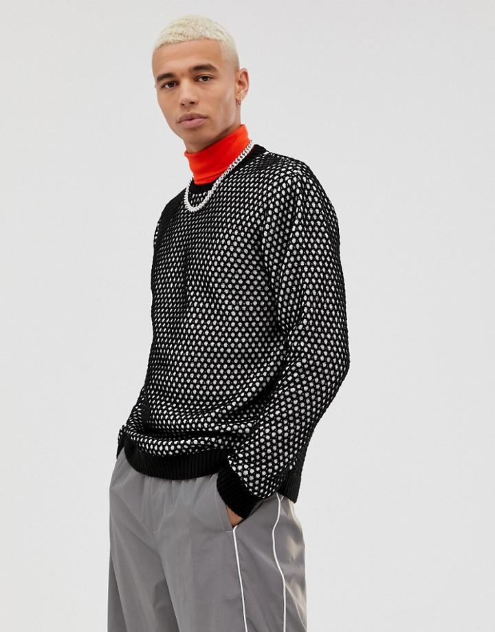 Asos Design Oversized Knitted Honeycomb Sweater In Black-pink