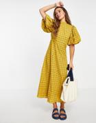 Selected Femme Midaxi Dress With Puff Sleeves And Cut-out Bow Back In Dream Yellow Check-multi
