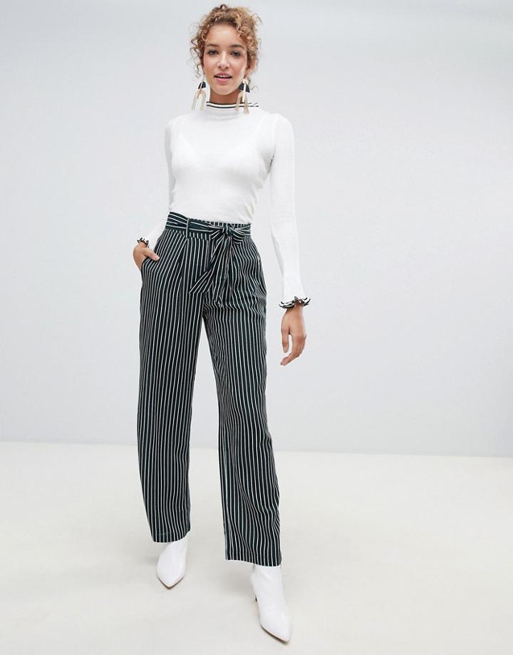 Qed London Wide Leg Stripe Pants With Sash Belt - Green