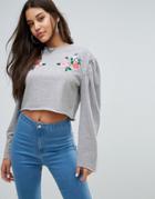 Missguided Puff Sleeve Applique Sweat Top - Gray