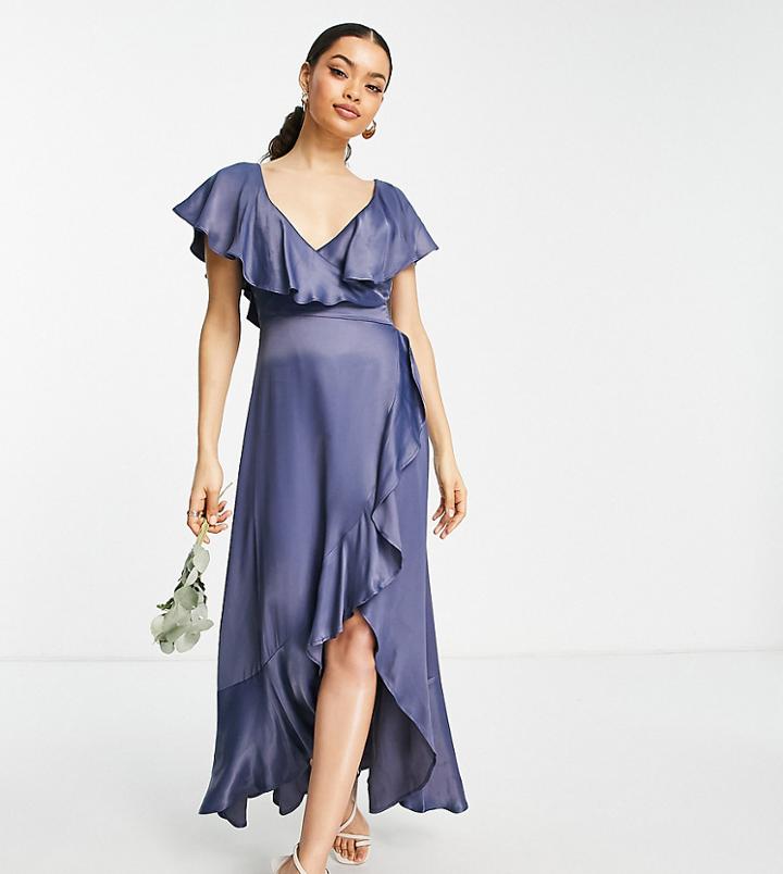 Topshop Petite Bridesmaid Satin Frill Wrap Dress In Navy