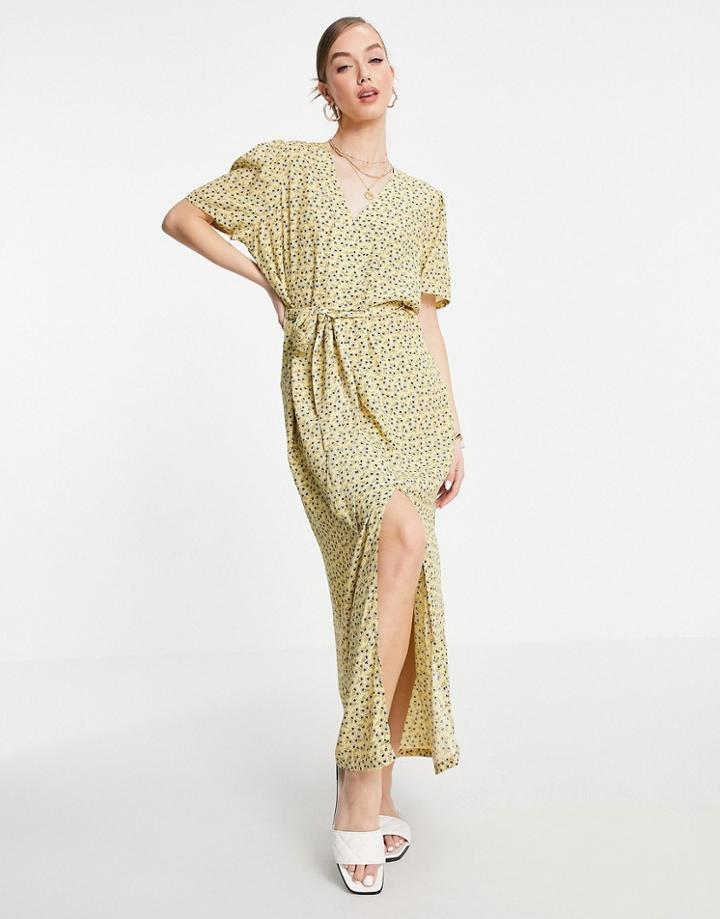 Selected Button Down Tie Waist Dress In Yellow