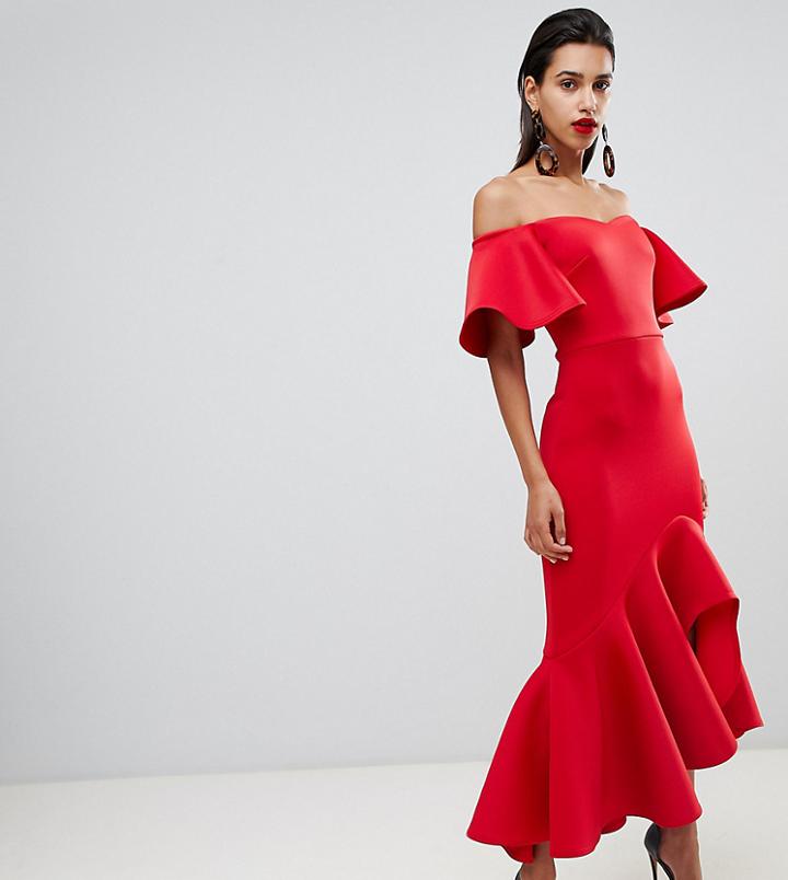 True Violet Bardot Midi Dress With Dramatic Frill Detail In Red - Red