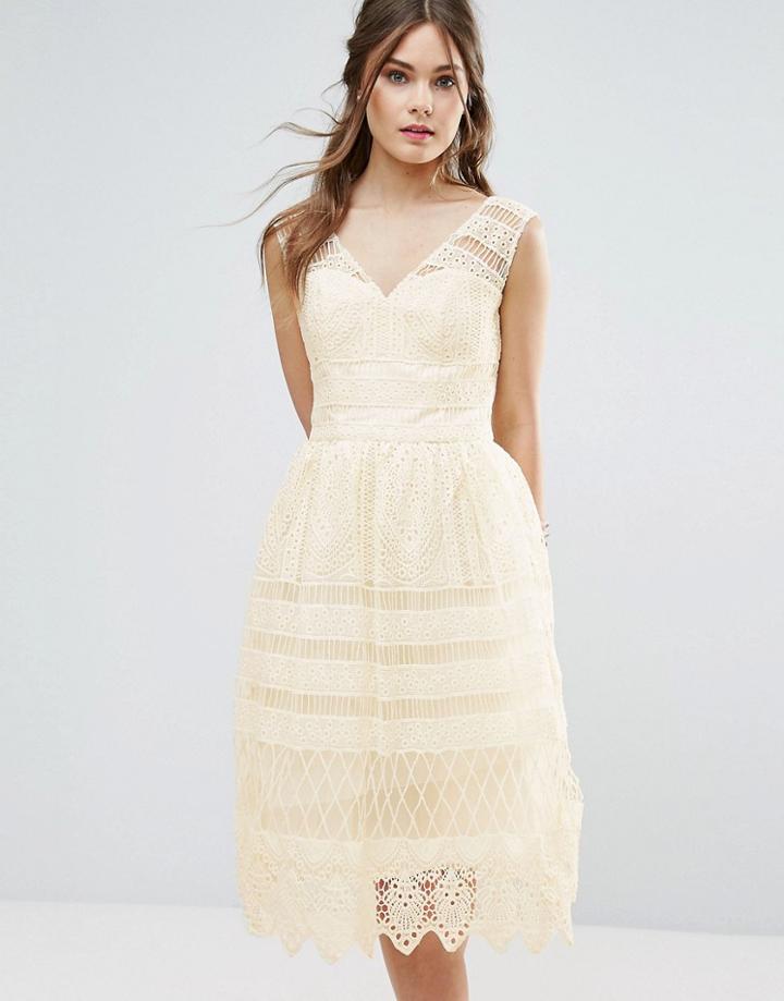Chi Chi London Midi Dress In Paneled Lace - Cream