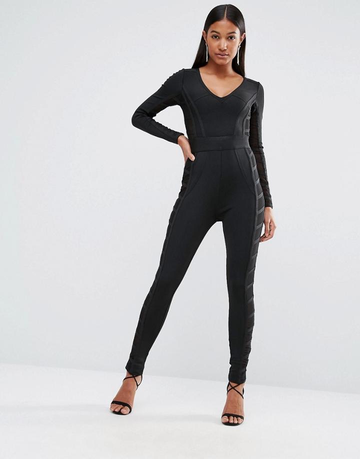 Wow Couture Bandage Jumpsuit With Mesh Panels - Black