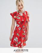 Asos Petite Ruffle Tea Dress With Open Back In Badge Print - Red