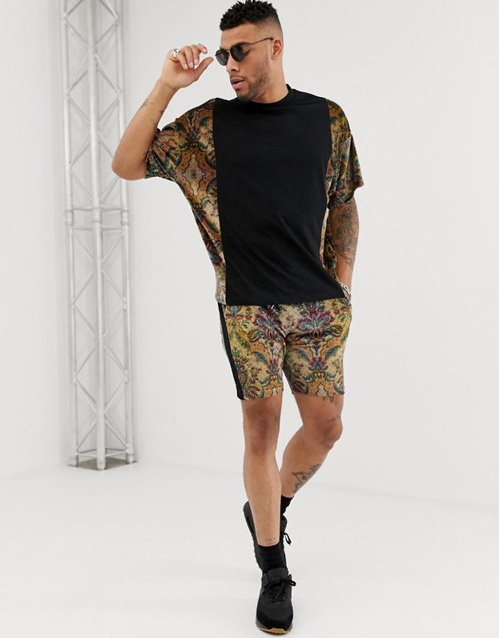 Asos Design Two-piece Oversized T-shirt With Floral Velour Panels And Sleeve - Black