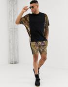 Asos Design Two-piece Oversized T-shirt With Floral Velour Panels And Sleeve - Black
