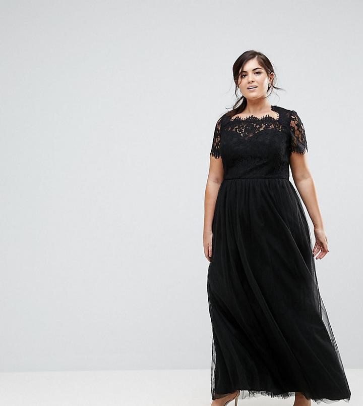 Chi Chi London Plus Maxi Tulle Dress With Lace Up Back - Black