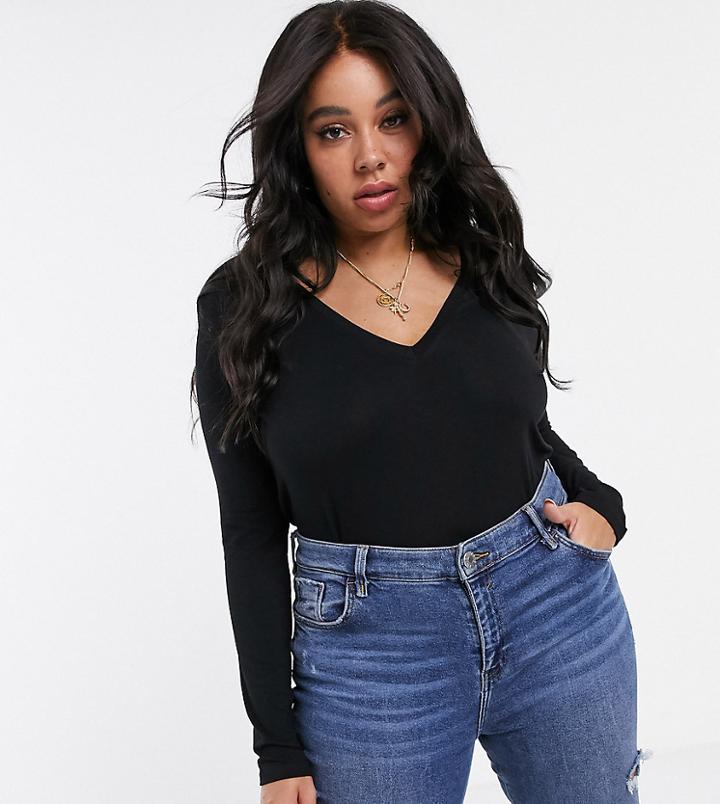 Asos Design Curve V Neck Long Sleeve Top In Black