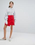 Neon Rose Mini Skirt With Wrap Front And Eyelet Ties - Red