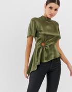 Asos Design Top With Asymmetric Hem In High Shine Satin - Green