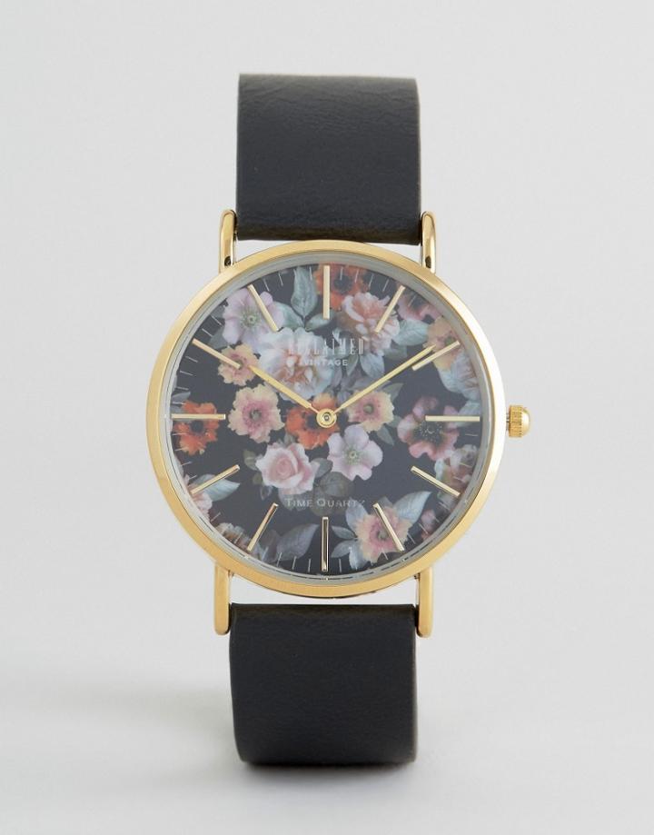 Reclaimed Vintage Inspired Floral Leather Watch In Black - Black