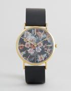 Reclaimed Vintage Inspired Floral Leather Watch In Black - Black