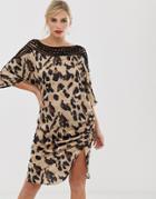 Liquorish Shift Dress In Satin Leopard Print With Lace Cutout Detail And Ruched Side - Multi