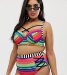 Asos Design Curve Supportive High Waist Lattice Bikini Bottom In Multi Stripe Print - Multi