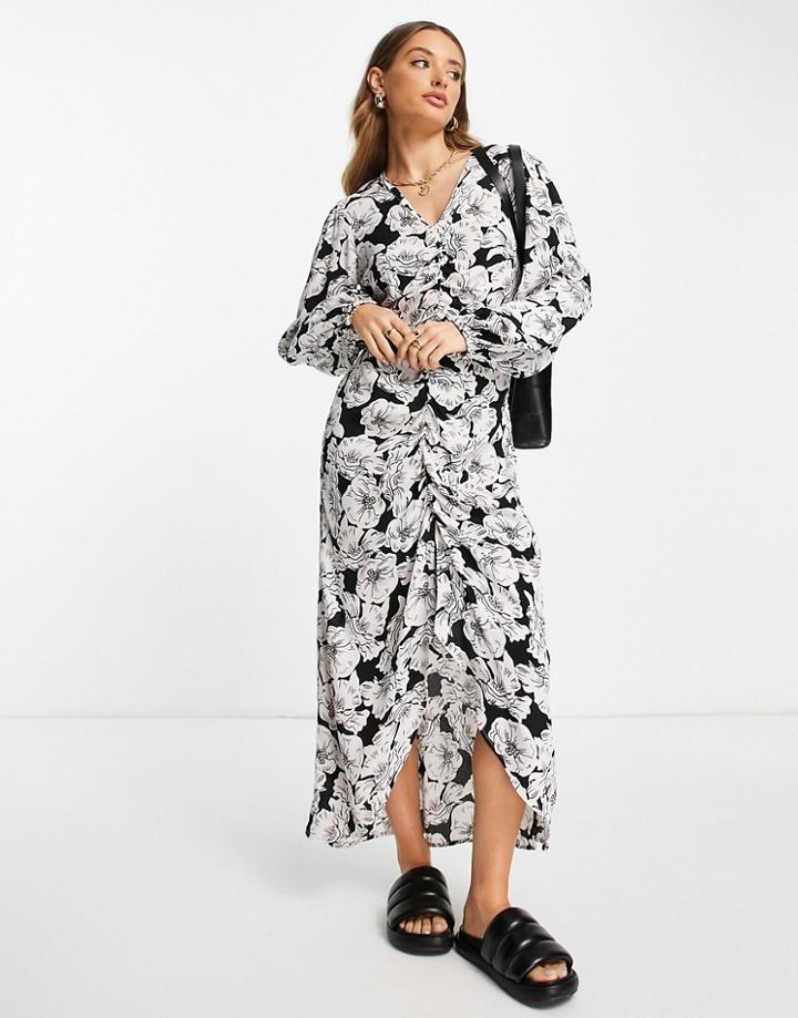 River Island Ruched Front Floral Midi Dress In Black