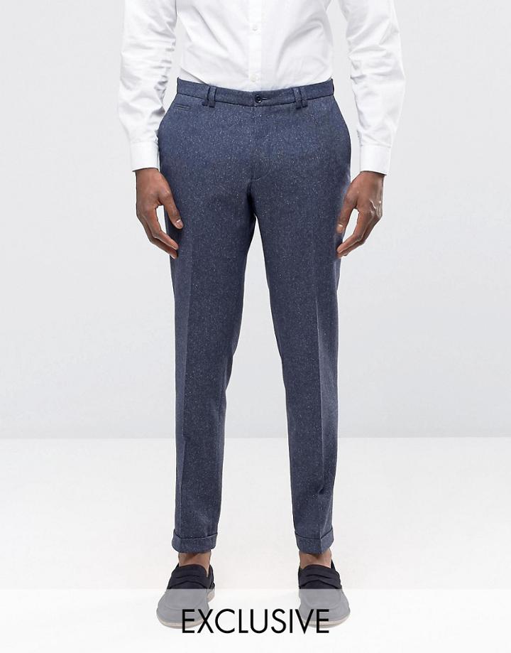 Noak Super Skinny Suit Pants With Turn Up In Fleck - Navy