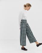 Asos Design Wide Leg Culotte In Check With Tortoiseshell Button Placket-multi