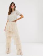 Lace & Beads Tiered Tulle Palazzo Pants In Pale Pink - Beige