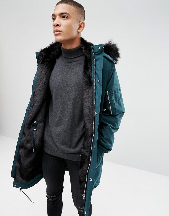 Asos Heavyweight Parka With Faux Fur Lining In Bottle Green - Green