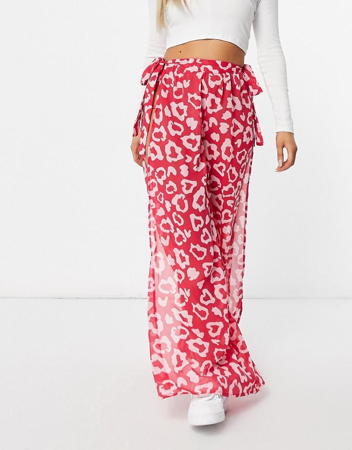 Candypants Leopard Print Side Split Chiffon Pants In Pink