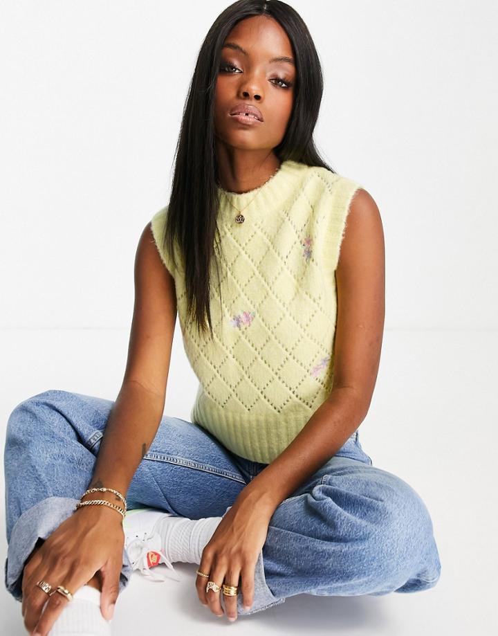 Neon Rose Shrunken Sweater Vest In Pastel Floral Knit-yellow
