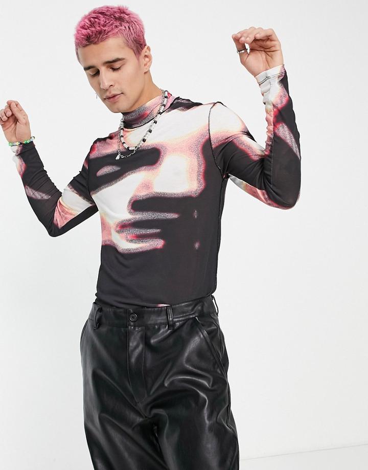 Jaded London Long Sleeve T-shirt In Black With Blurred Face Mesh Print-multi