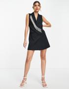 Miss Selfridge Diamante Fringe Sleeveless Blazer Dress In Black