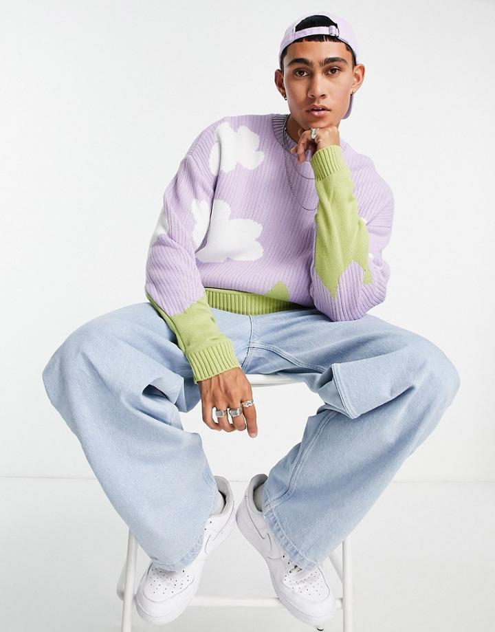 Asos Design Knit Oversized Sweater With Cloud And Landscape Pattern-purple