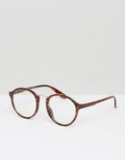 7x Round Clear Lens Glasses - Brown