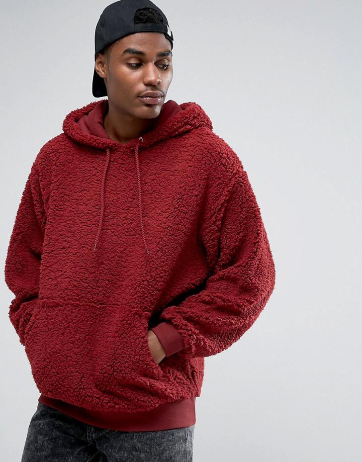 Asos Oversized Hoodie In Borg - Red