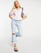 Pieces Organic Cotton Denim Top With Puff Sleeve In Lilac-purple
