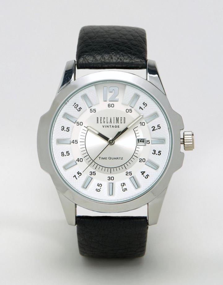 Reclaimed Vintage Black Leather Watch With Silver Dial - Black