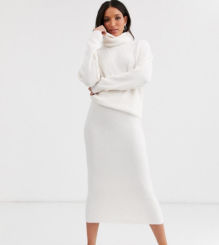 Asos Design Tall Chunky Ribbed Midi Skirt In Recycled Blend-cream