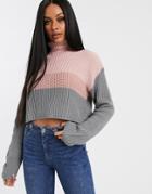 Missguided Cropped Roll Neck Sweater In Color Block-multi